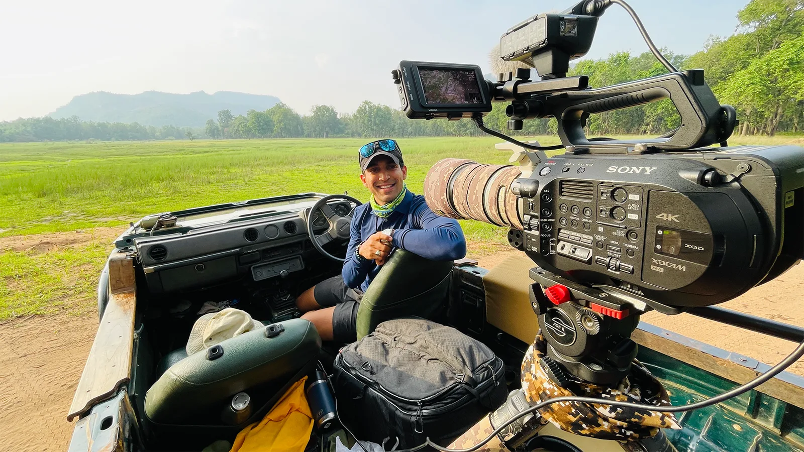 A film camera mounted on a safari vehicle, Suyash Keshari at the wheel